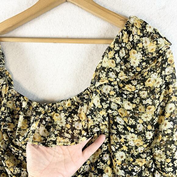 ASTR x Revolve Womens Sheer‎ Mesh Ruched Floral Dress Sz M Dark Cottage Romantic - Picture 3 of 16